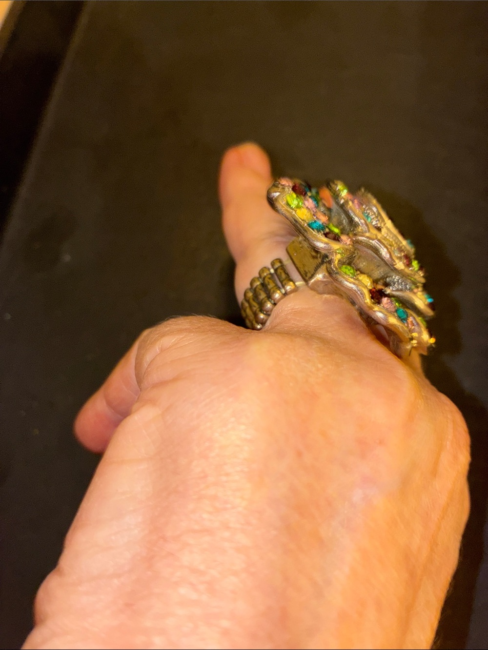 Multicolor Crystal Flower Statement Stretch Ring. - Picture 6 of 13